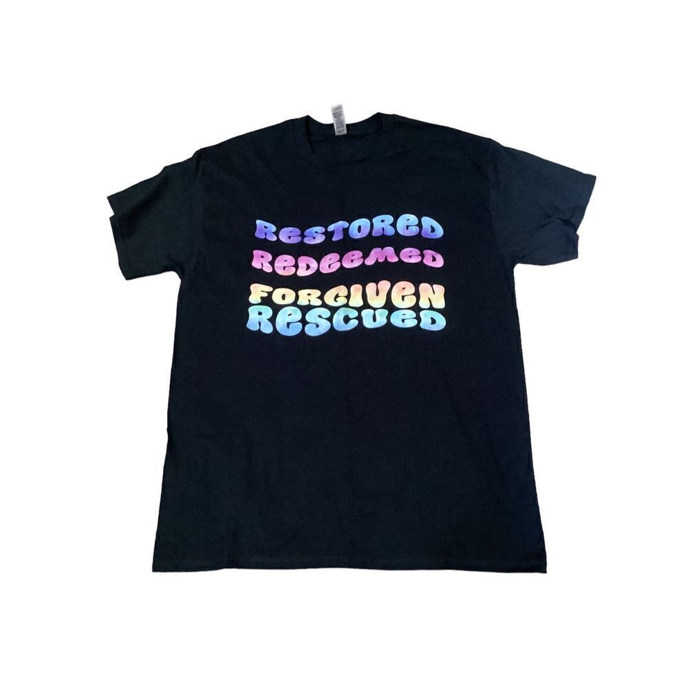 Restored Redeemed Forgiven Rescued Retro Custom Printed Tee Shirt L